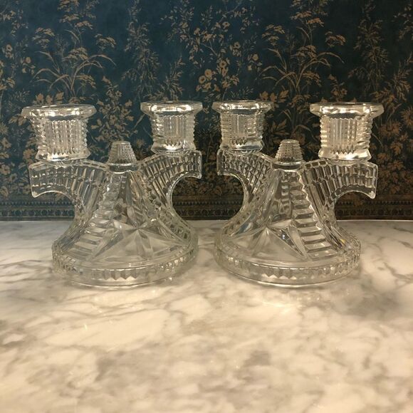 Set of 2 Vintage Art Deco Glass Candlesticks - Picture 1 of 5